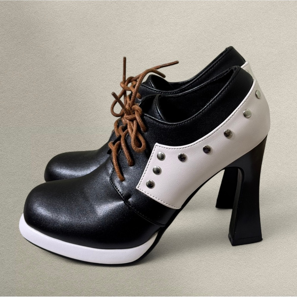 Japanese Style Platform Oxford Heels Stud Detail Lace Up Mod Black White Size 6‎